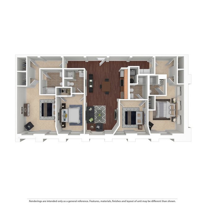 Modern floor plan featuring three spacious bedrooms, two elegant bathrooms, a cozy open-concept living and dining area, and a sleek kitchen, all beautifully designed for comfort and style.