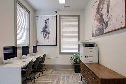 Modern home office with sleek computers, elegant artwork, and abundant natural light. Ideal for productivity and creativity.