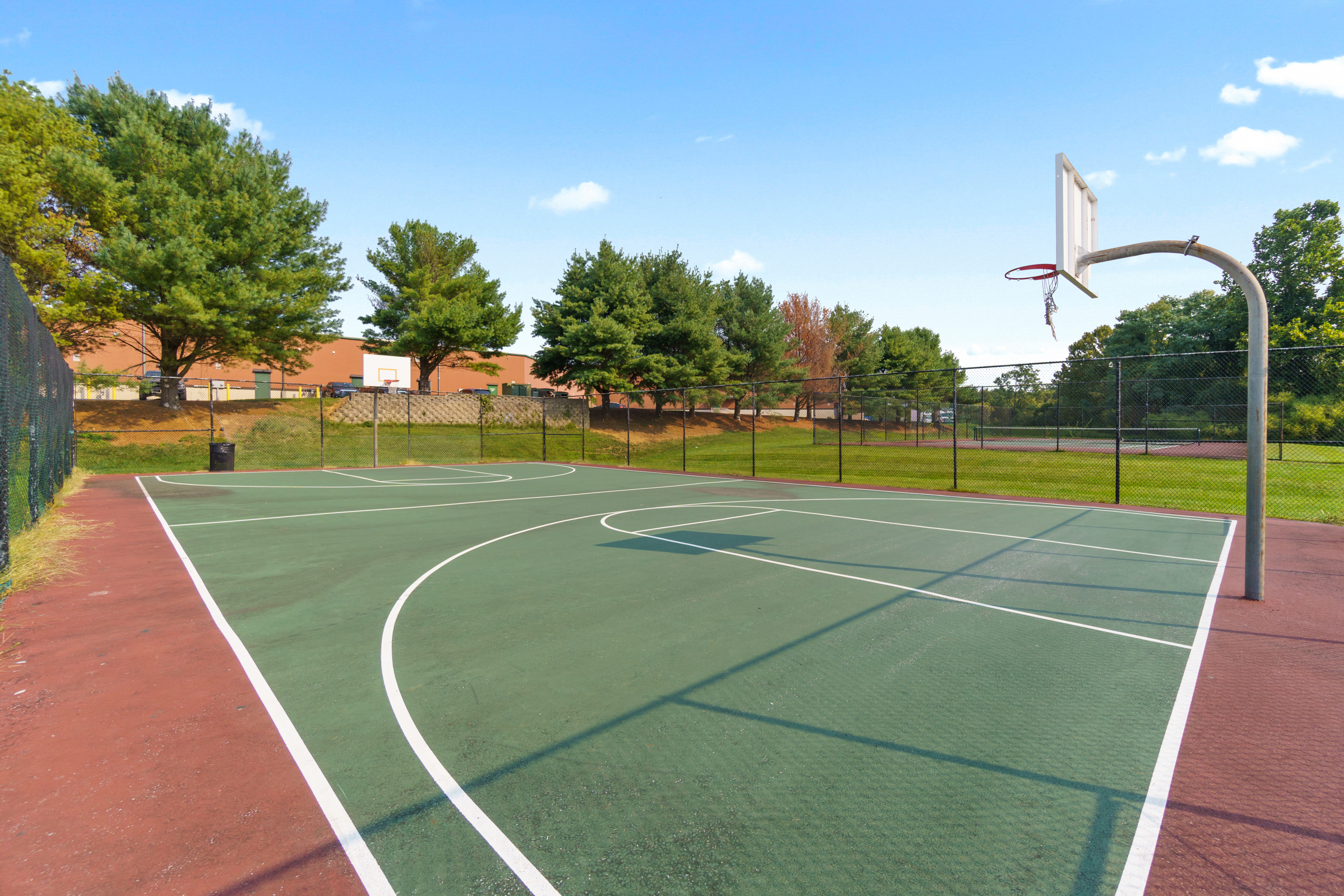 Inviting outdoor basketball court surrounded by lush greenery, perfect for active living and recreation.