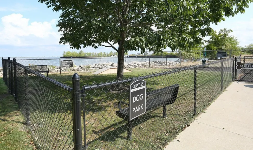 Inviting and spacious dog park area at Quay 55, featuring lush greenery, shaded seating, and scenic waterfront views for relaxing strolls with your furry friend.