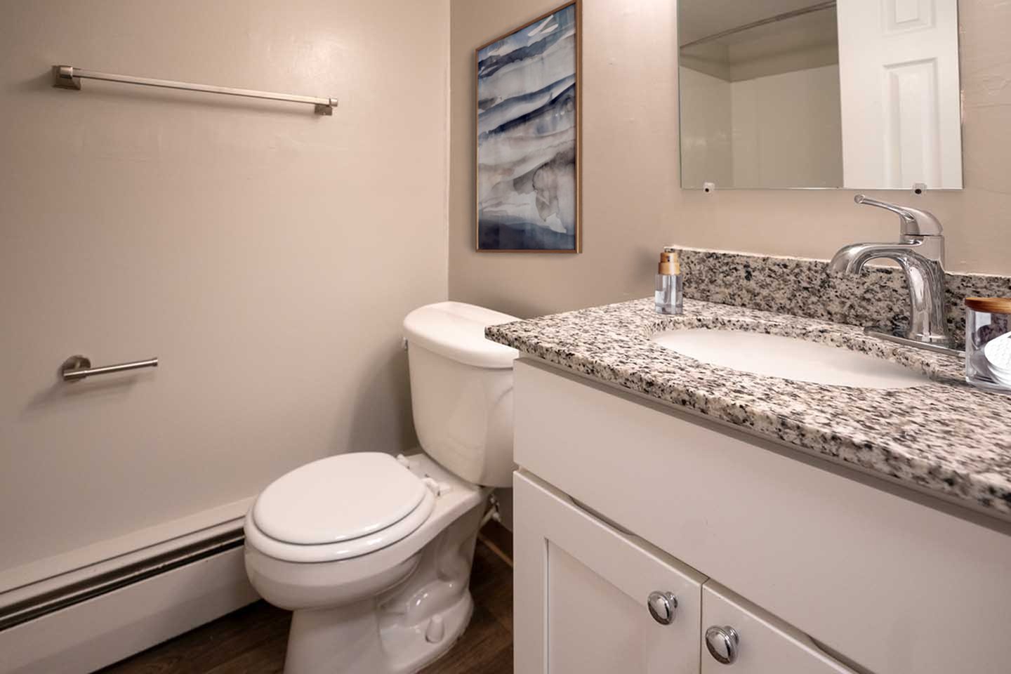 Modern bathroom with elegant granite countertop, sleek fixtures, and stylish wall art, offering a refined ambiance.