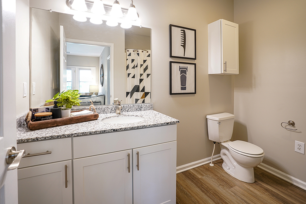Bright, modern bathroom with elegant granite countertop, stylish decor, and a cozy, welcoming ambiance.