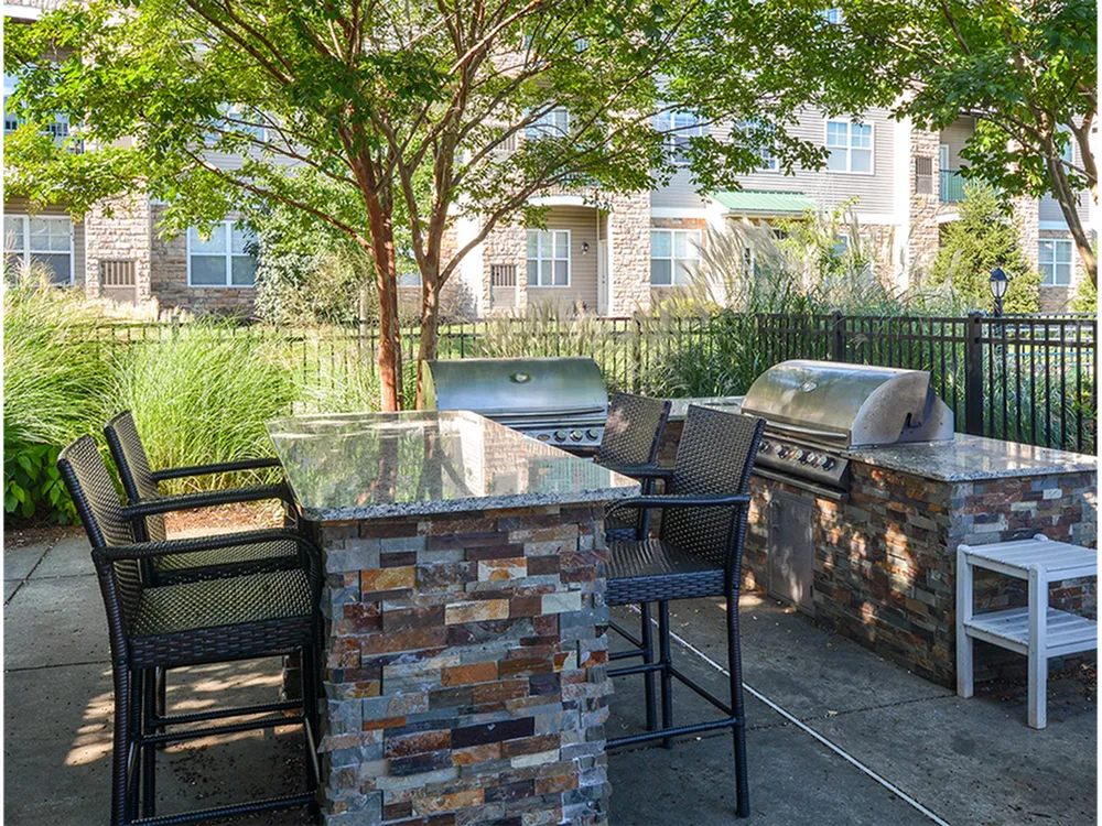 Charming outdoor barbecue area with stone countertops and modern grills, surrounded by lush greenery and cozy seating.