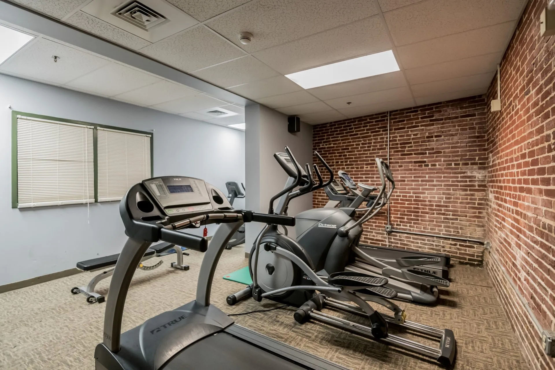 Chic apartment gym with modern cardio equipment and stylish exposed brick wall.