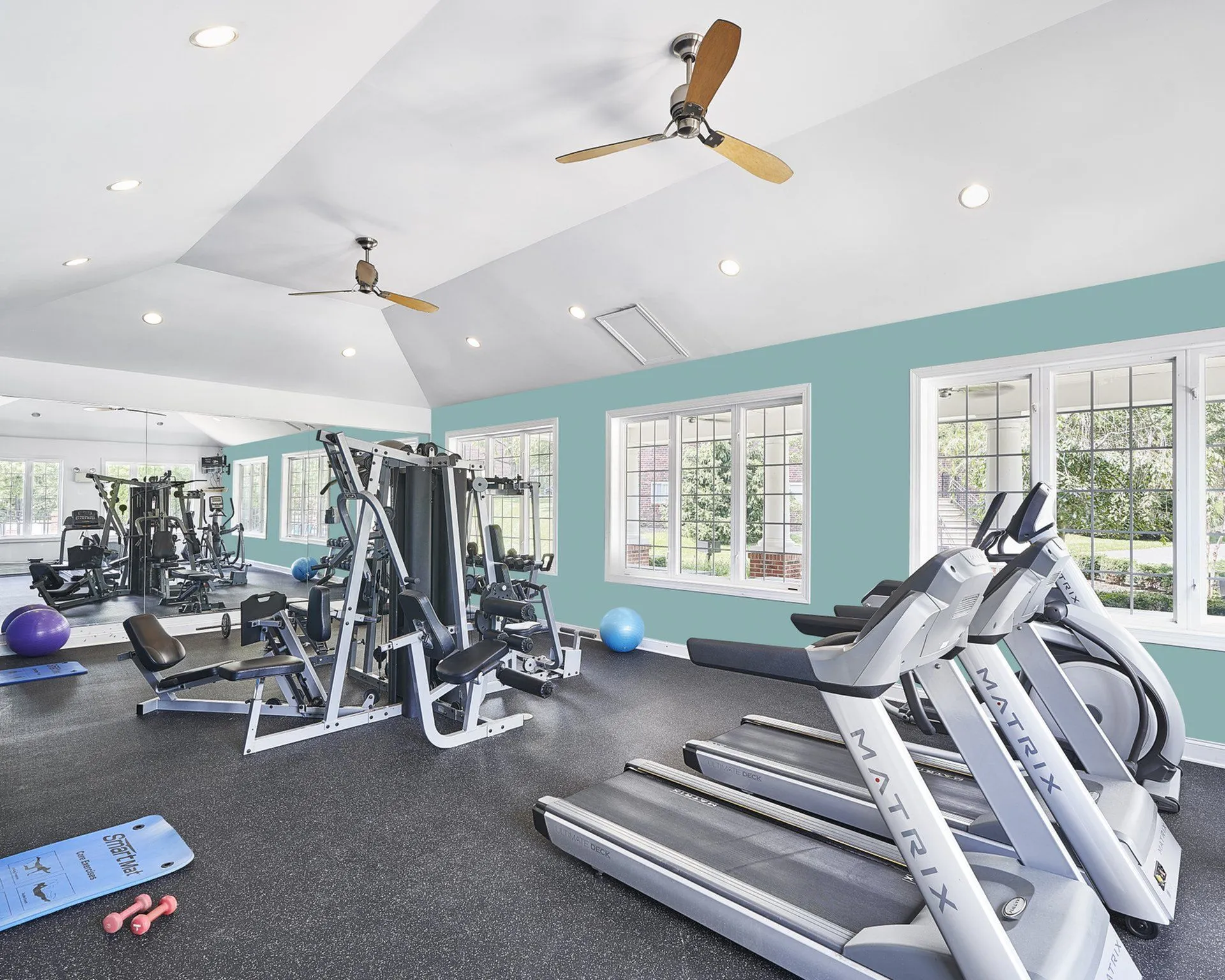Modern fitness center with state-of-the-art exercise equipment, spacious layout, and bright natural lighting.