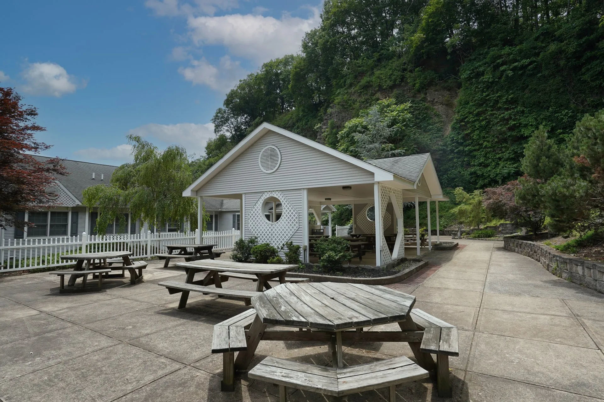 Charming outdoor pavilion surrounded by lush greenery, featuring multiple picnic tables and a serene ambiance.