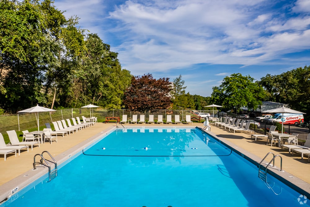 Inviting outdoor pool area with pristine blue water, surrounded by lounge chairs and lush greenery, perfect for relaxation and leisure.