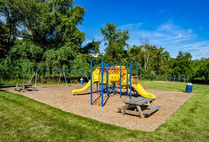 Vibrant playground with colorful slides and swings, nestled in a lush green park setting, perfect for family fun and outdoor enjoyment.