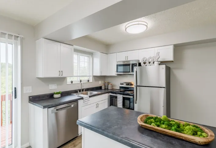 Modern kitchen with sleek stainless steel appliances, stylish white cabinetry, and a sunlit window view.