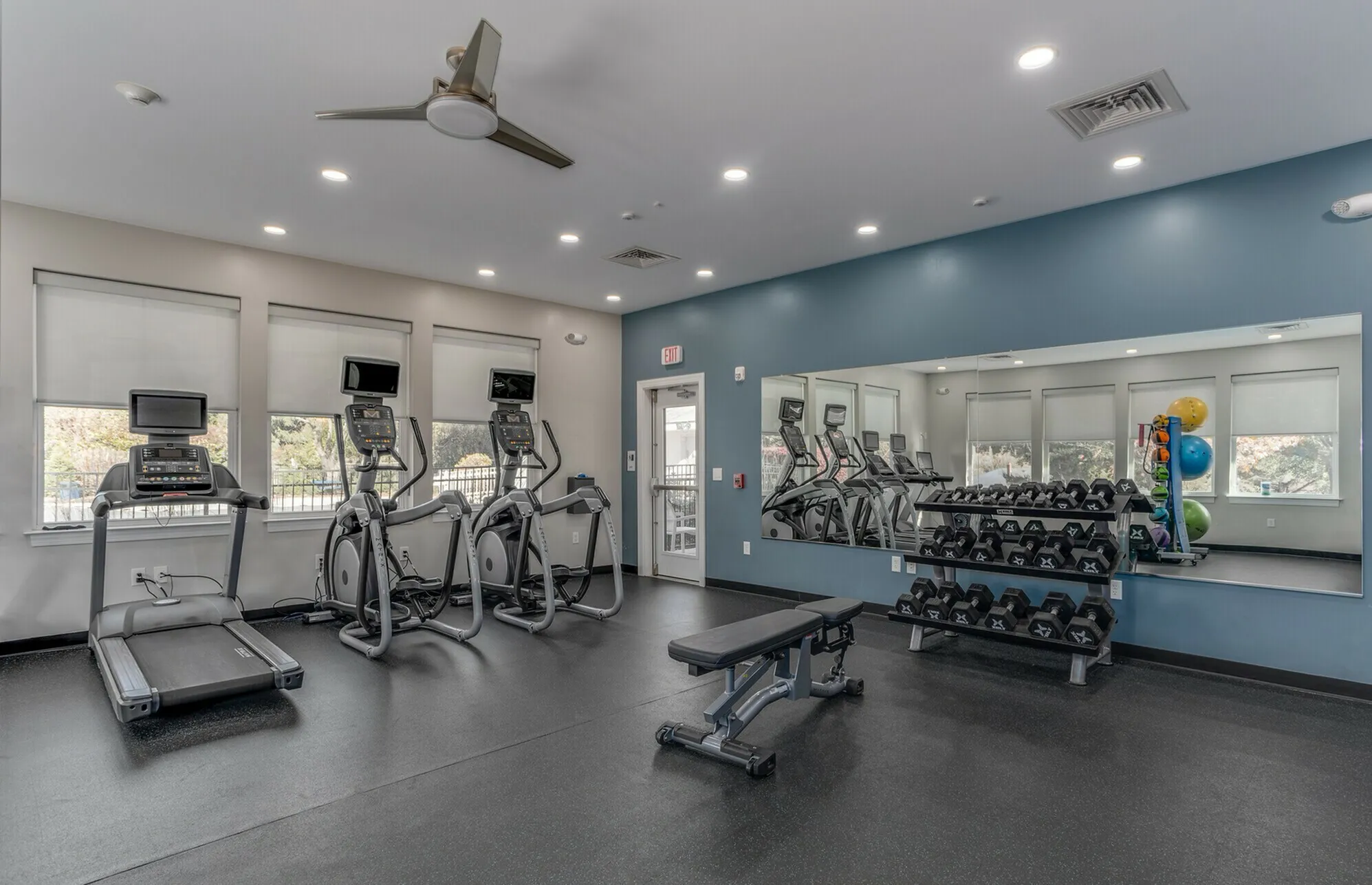 Modern apartment gym with treadmills, elliptical machines, free weights, and vibrant exercise balls, exuding a bright and inviting atmosphere.