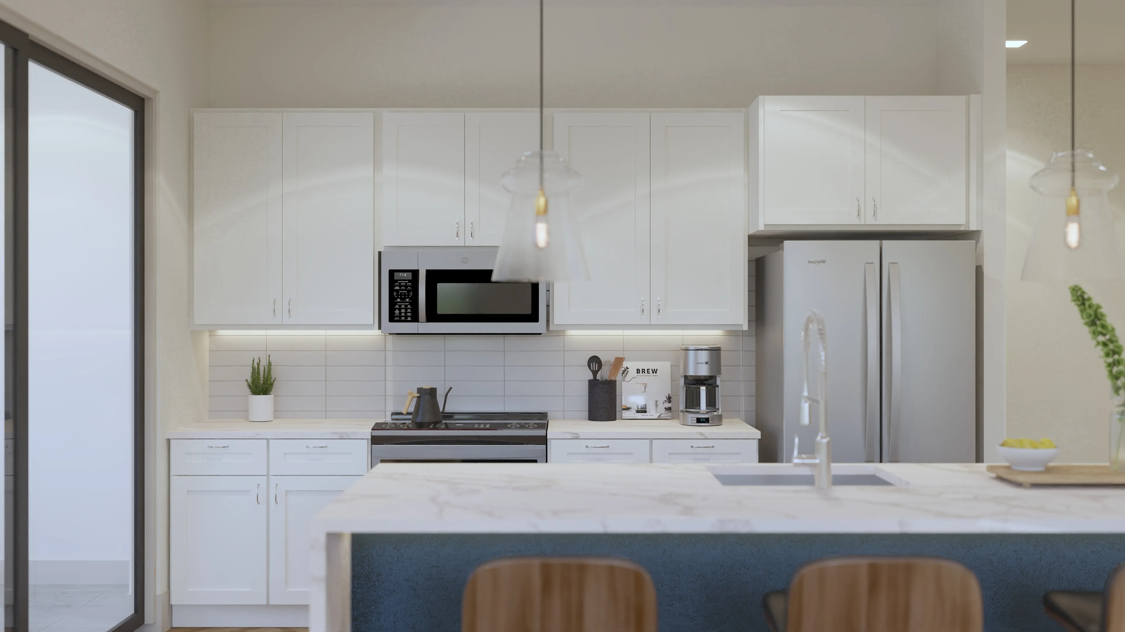 Sleek and modern kitchen featuring white cabinetry, stainless steel appliances, and a stylish marble island with pendant lighting.