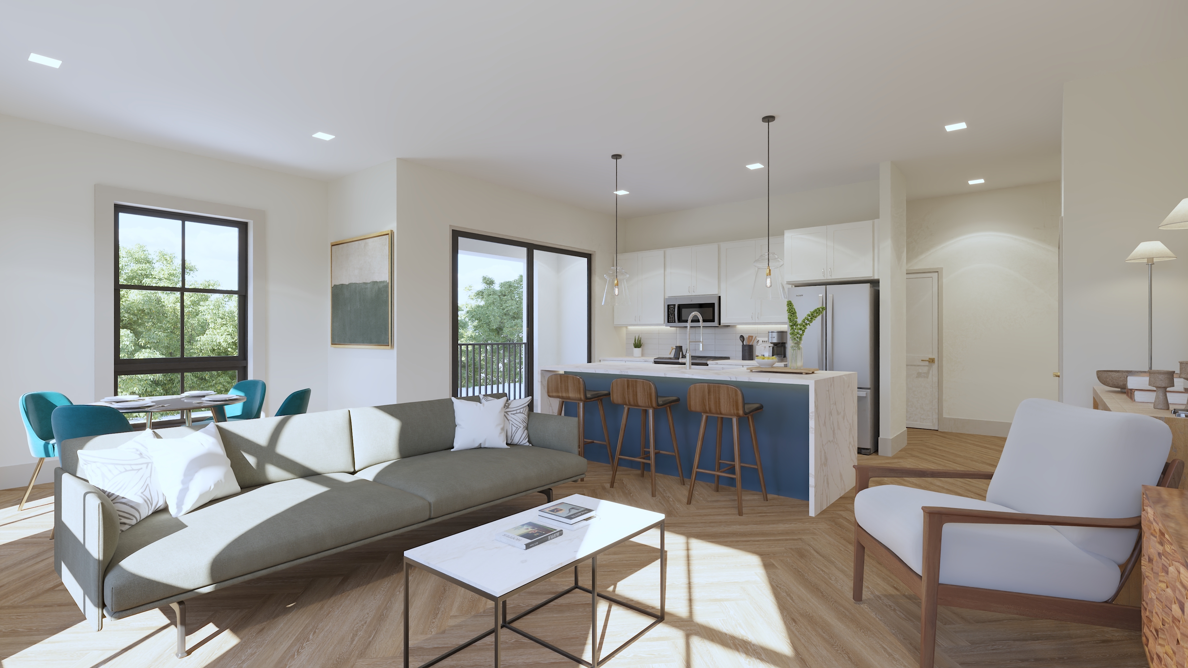 Inviting open-concept living room with modern kitchen island, chic seating area, and large windows offering abundant natural light.