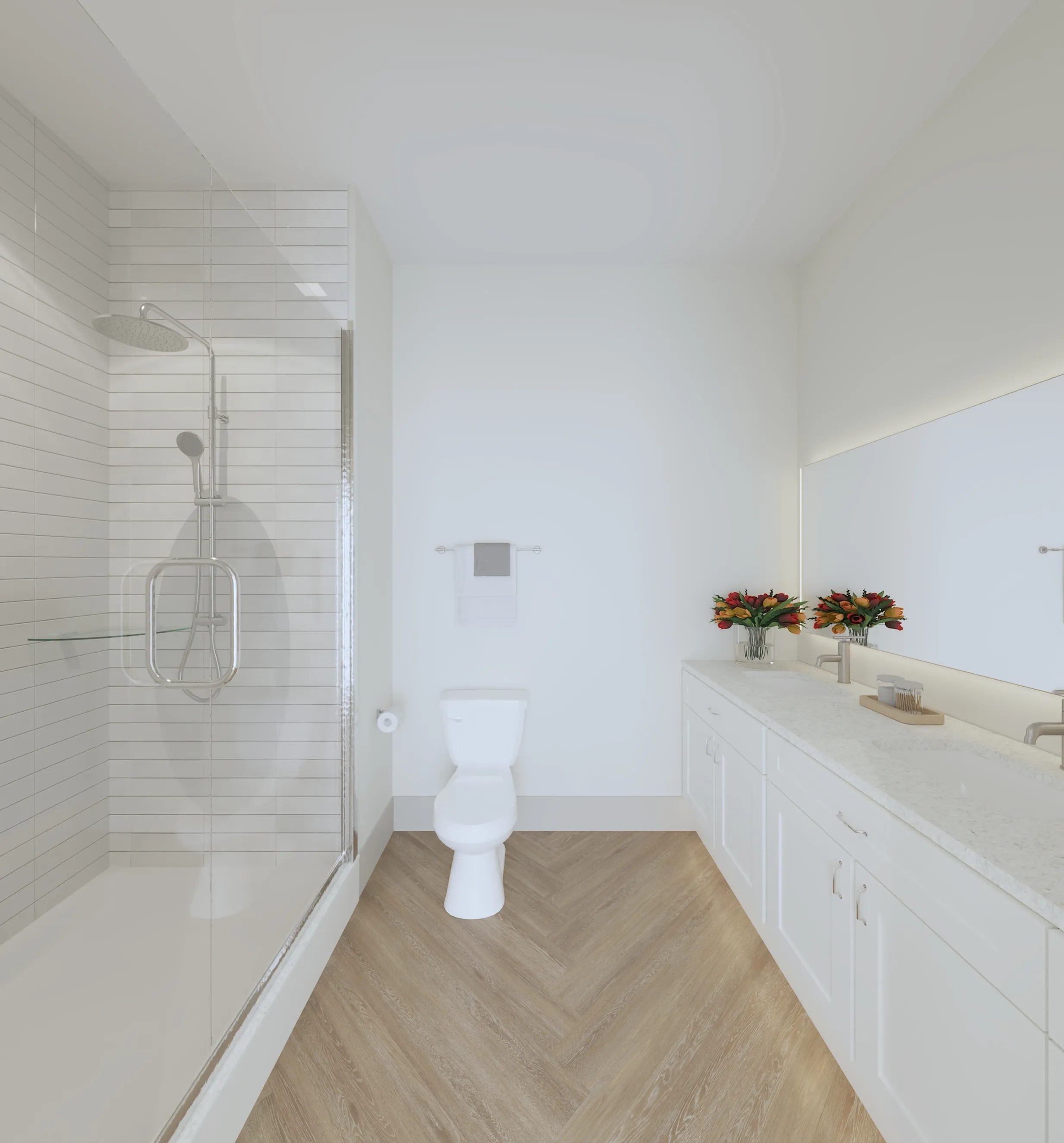 Elegant bathroom featuring a walk-in glass shower, modern fixtures, and a luxurious vanity with fresh flowers, offering a serene and stylish atmosphere.