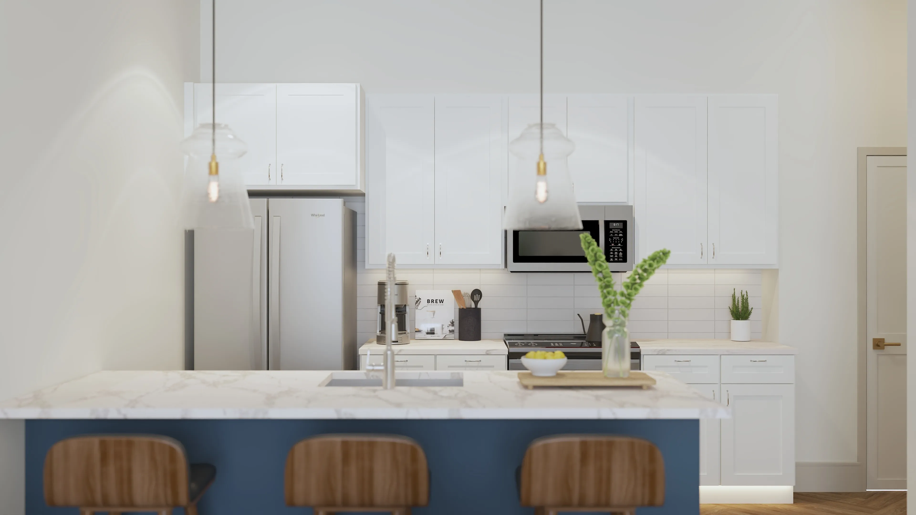 Modern kitchen with sleek white cabinets, stainless steel appliances, and a chic marble countertop island with stylish pendant lighting.