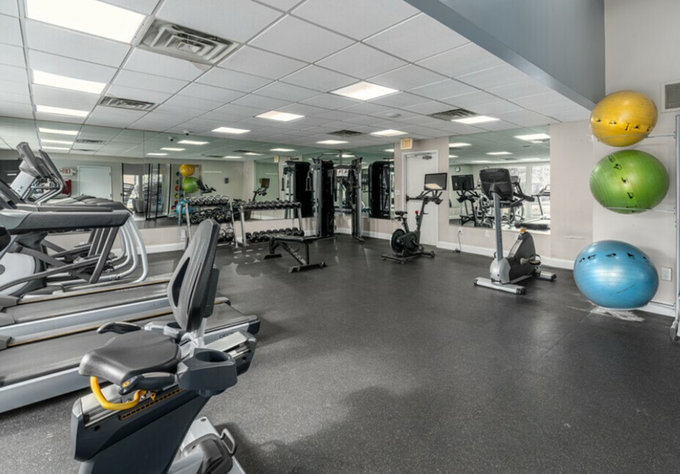 Modern fitness center featuring state-of-the-art exercise equipment, spacious layout, and vibrant exercise balls.