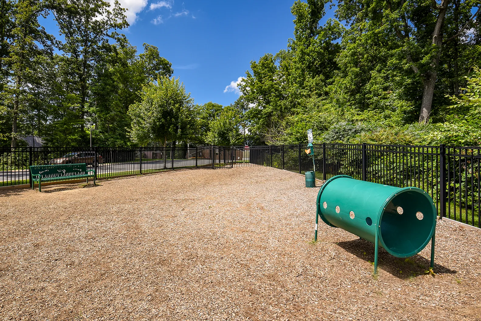 Spacious and sunny dog park with agility tunnel and seating, surrounded by lush trees and a secure fence, perfect for pet owners.