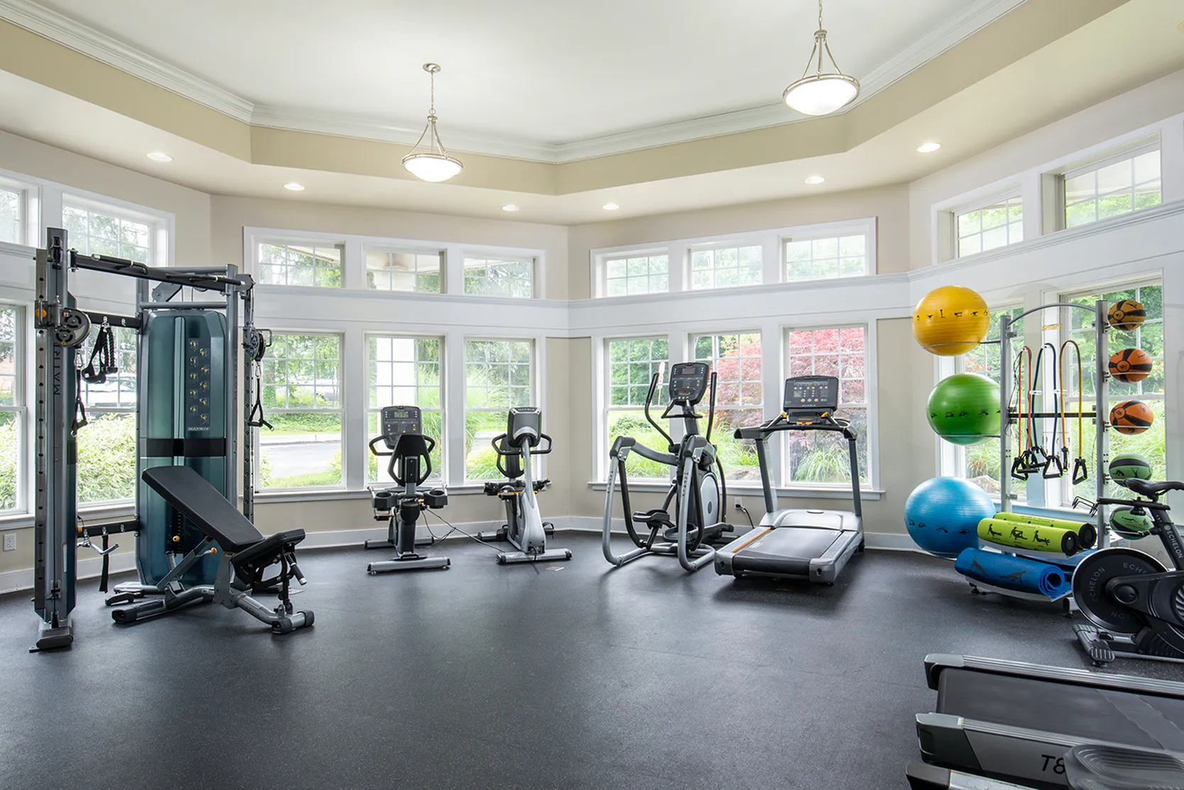 Bright and spacious home gym with modern fitness equipment, large windows, and vibrant exercise balls.