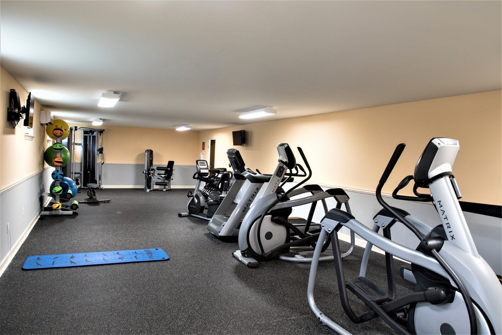 Modern and spacious apartment gym featuring state-of-the-art exercise equipment, including treadmills, ellipticals, and a weight station, perfect for daily workouts.