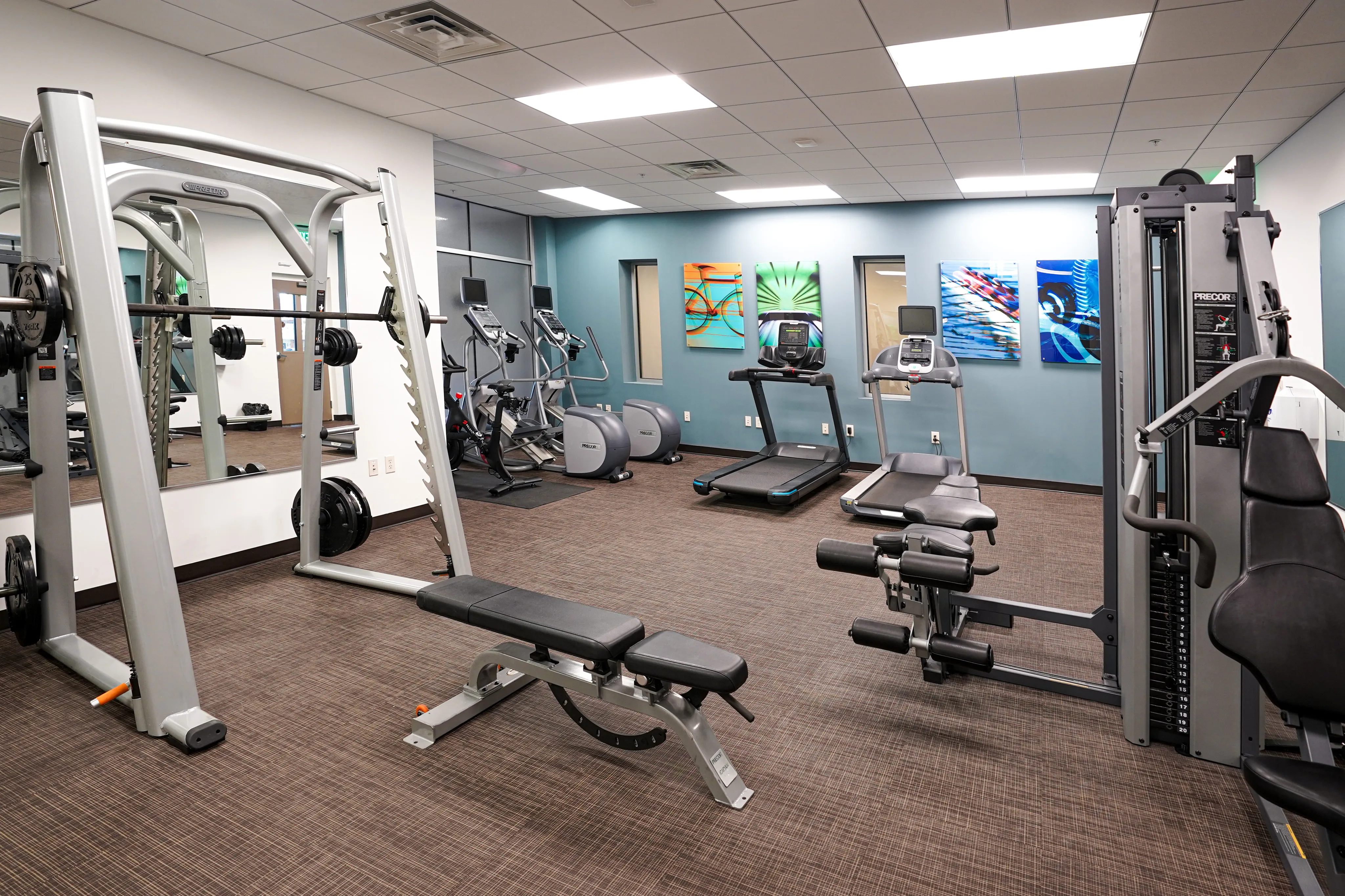 Modern fitness center equipped with state-of-the-art gym equipment and vibrant artwork on the walls.