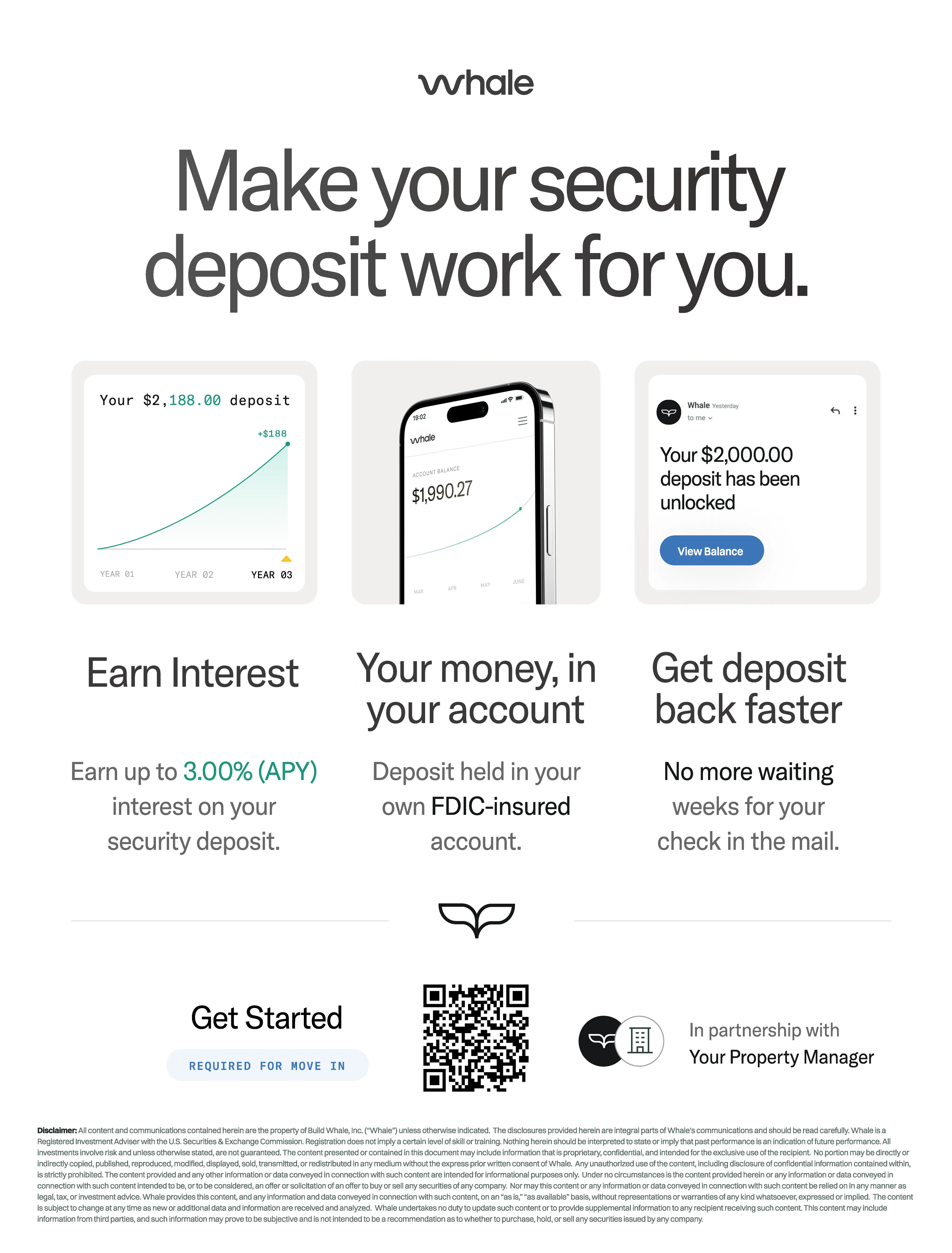 Informative security deposit marketing flyer featuring interest earnings, mobile account access, and faster deposit returns.