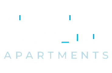 Logo for Kennett Square Apartments with modern white and light blue typography on a black background.