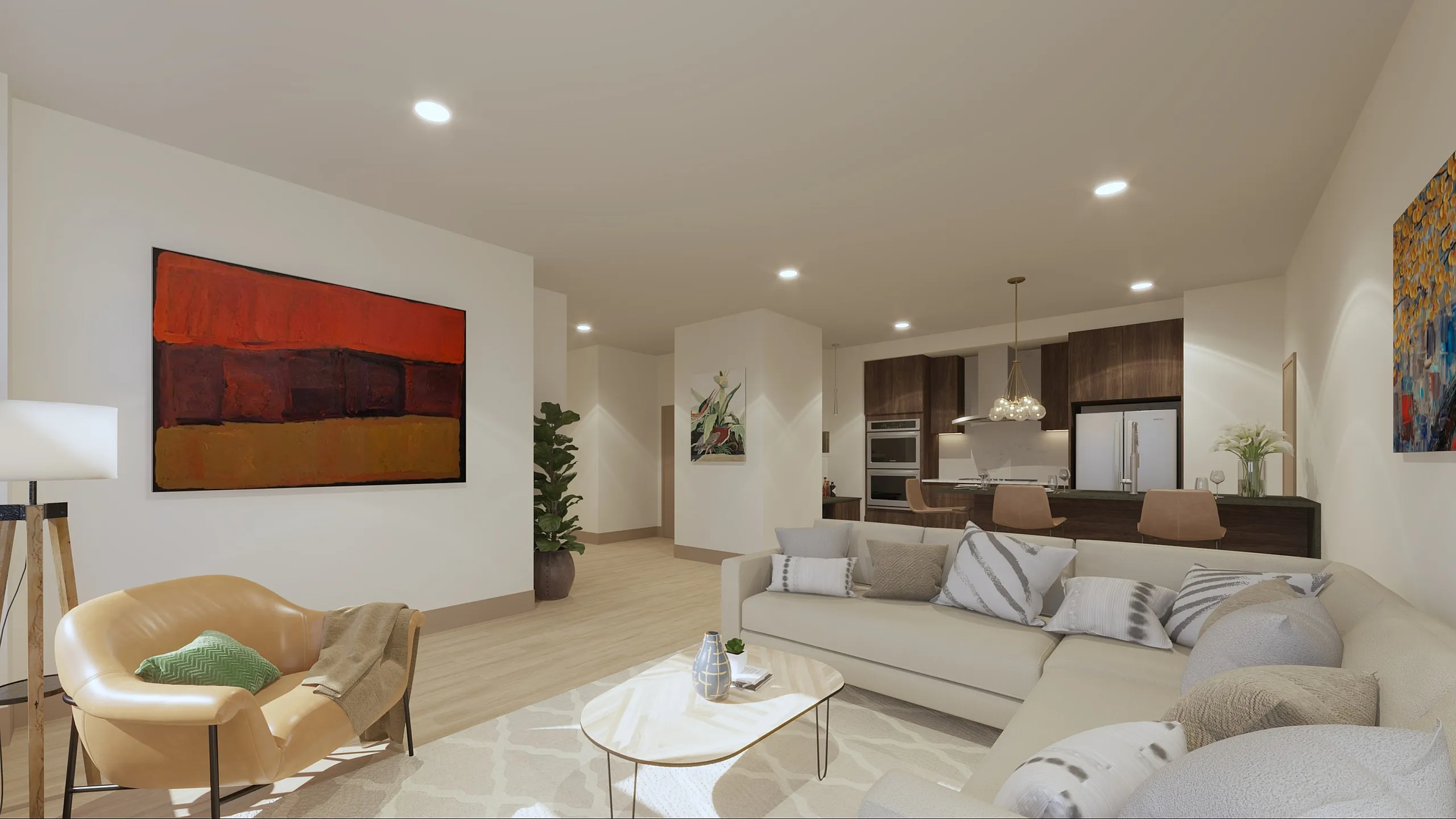 Modern open-concept living room with cozy seating, stylish artwork, and a sleek kitchen.