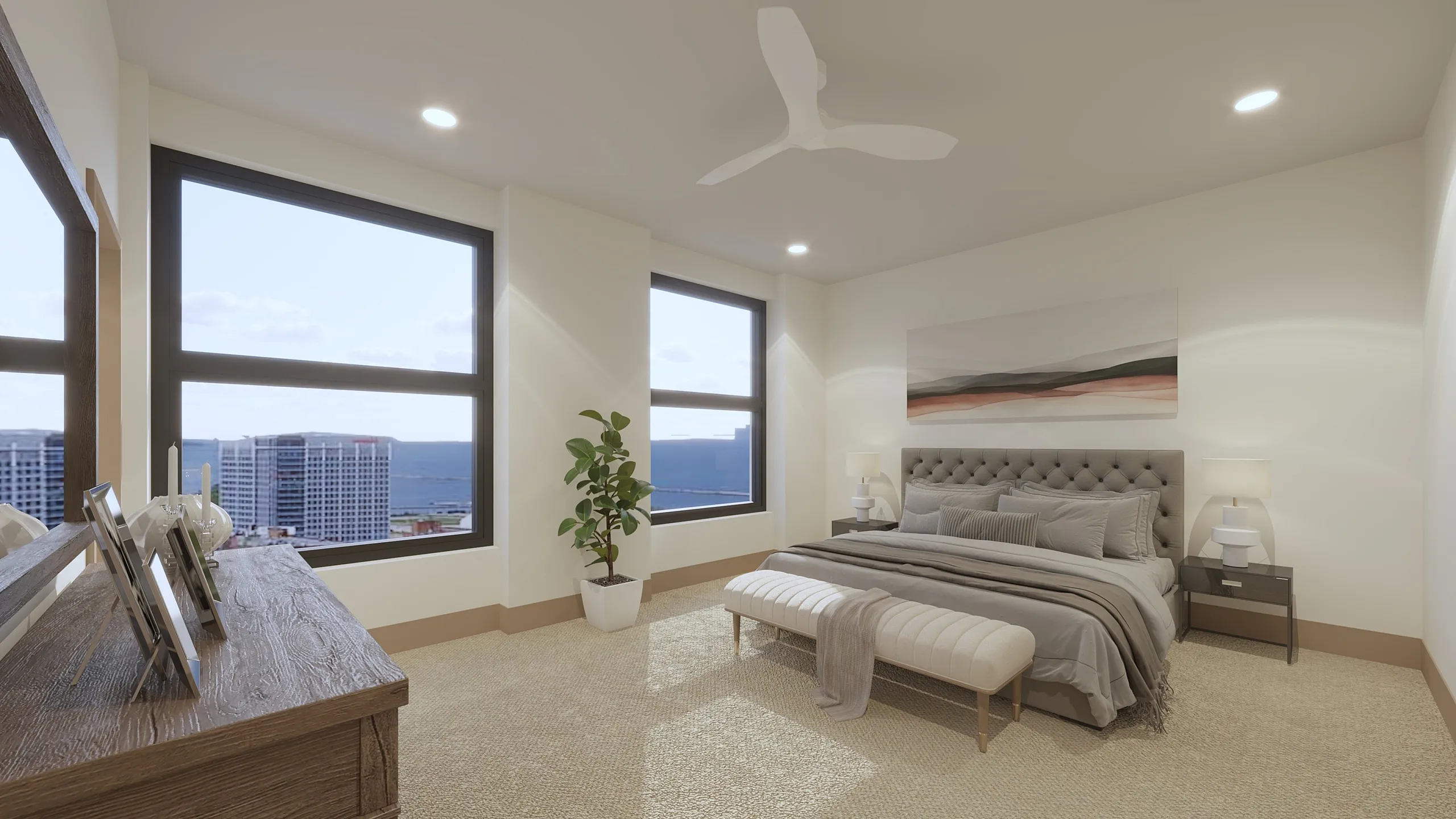 Elegant bedroom with large windows, modern furnishings, and cityscape view.
