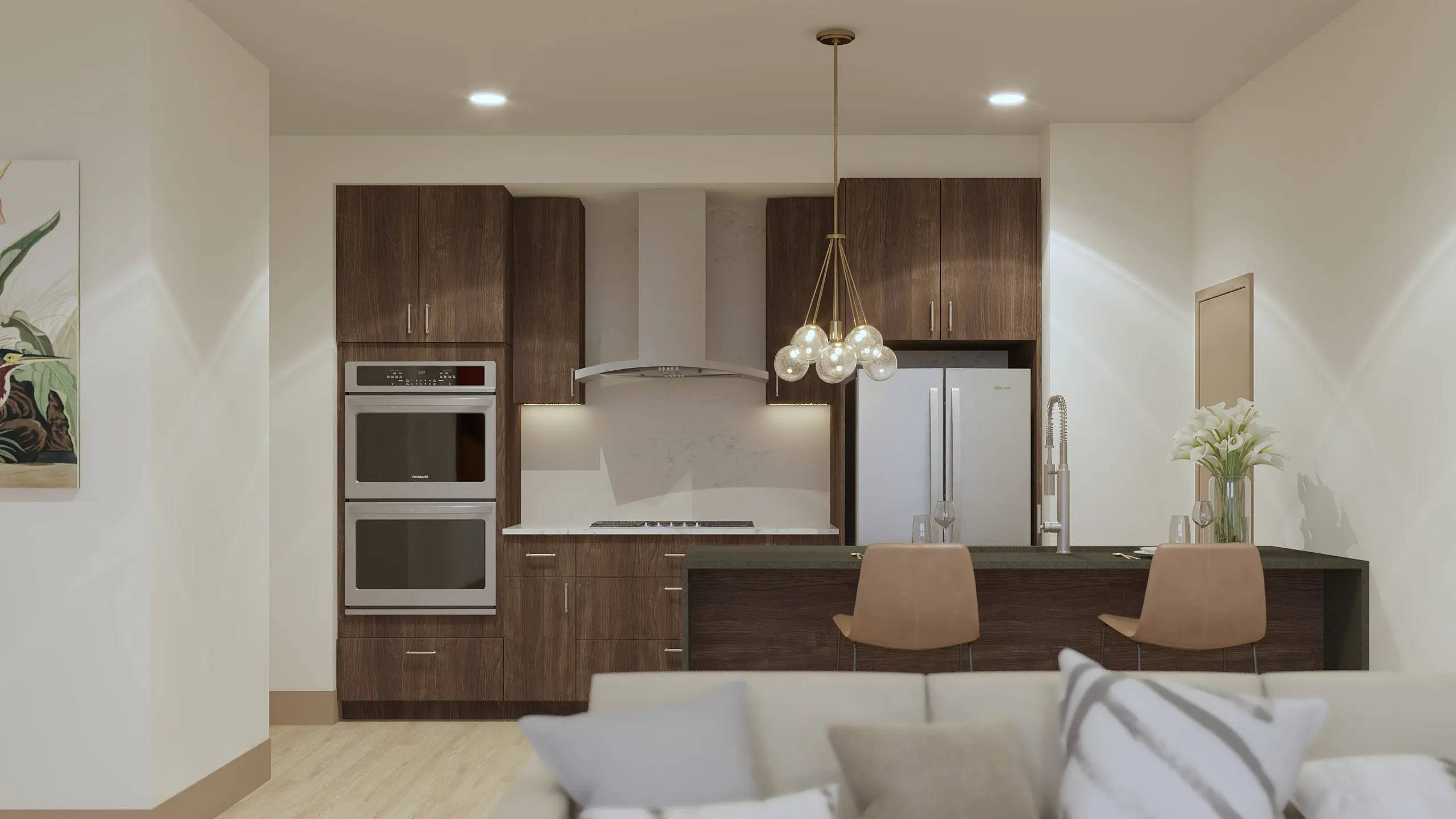 Modern kitchen interior with wooden cabinets, double oven, sleek fridge, and stylish lighting.