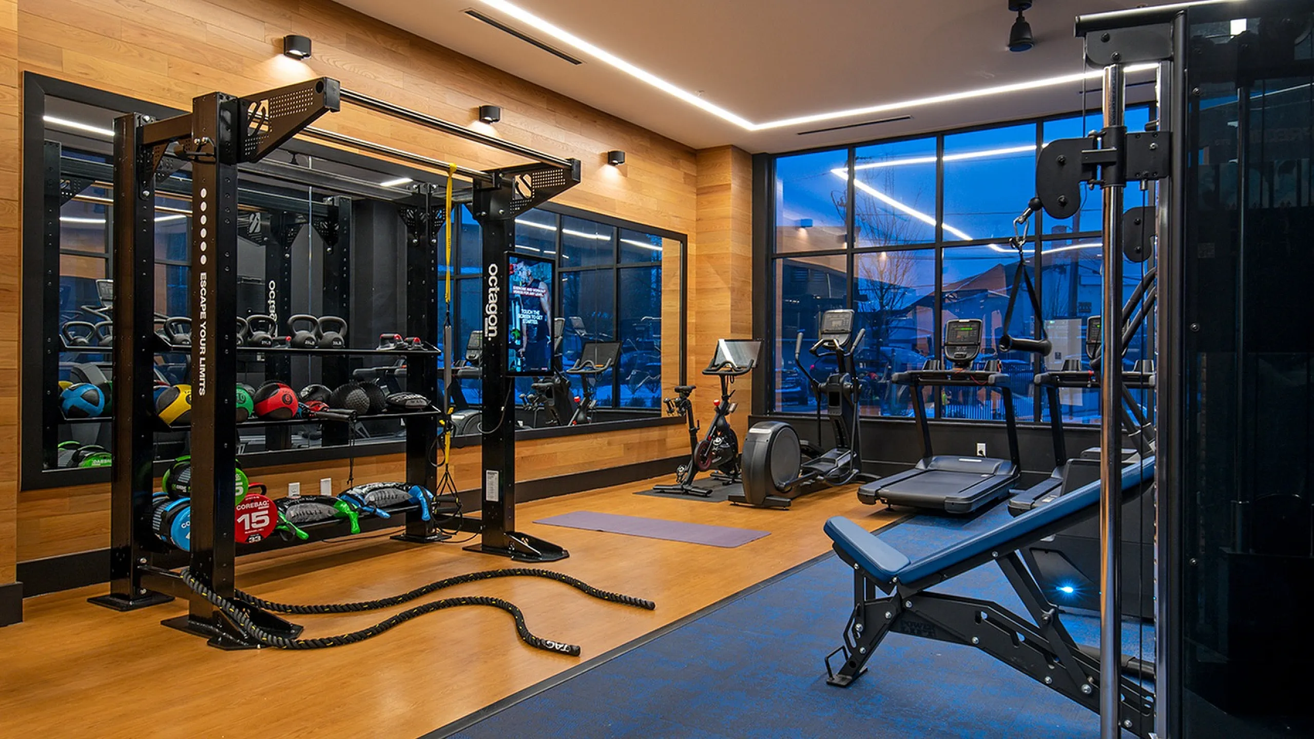 Modern fitness center featuring treadmills, weight racks, and exercise bikes with large windows and ambient lighting.