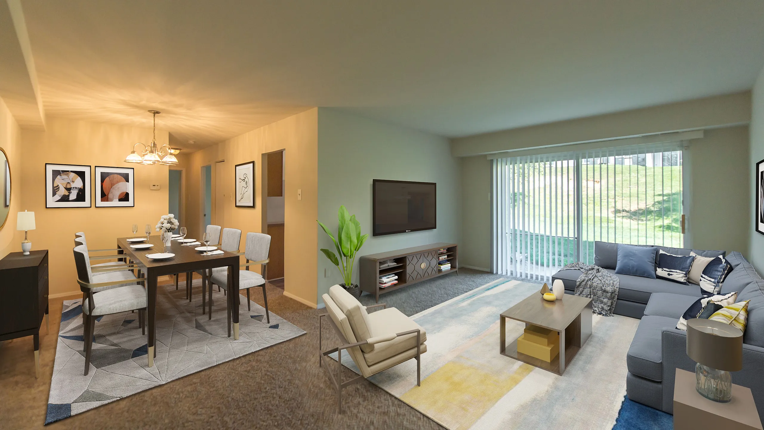 Elegant open-plan living and dining area with modern decor, featuring a cozy sofa, large window with garden view, and stylish dining set under warm lighting.