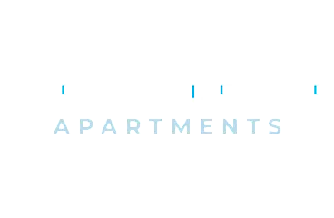 Sleek modern logo for The Shoreline Apartments, featuring a crisp white and light blue color scheme.