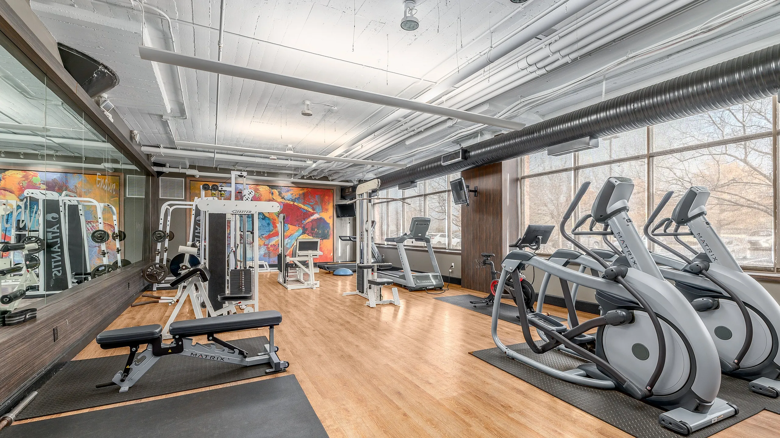 Bright and modern fitness center equipped with state-of-the-art exercise machines and vibrant wall art.