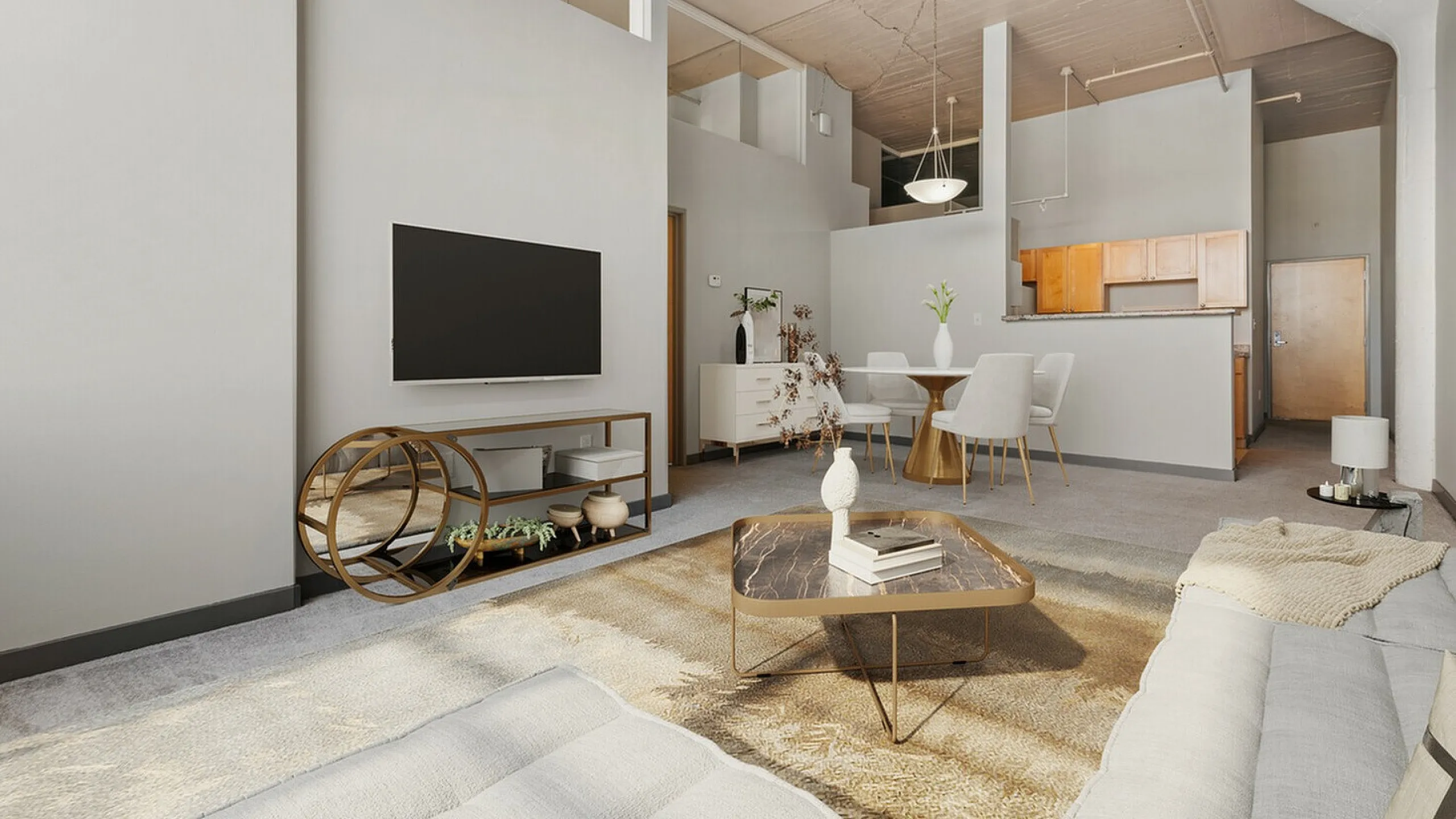 Elegant open-concept living space featuring a modern lounge area, stylish dining set, and sleek kitchen with wooden cabinetry.