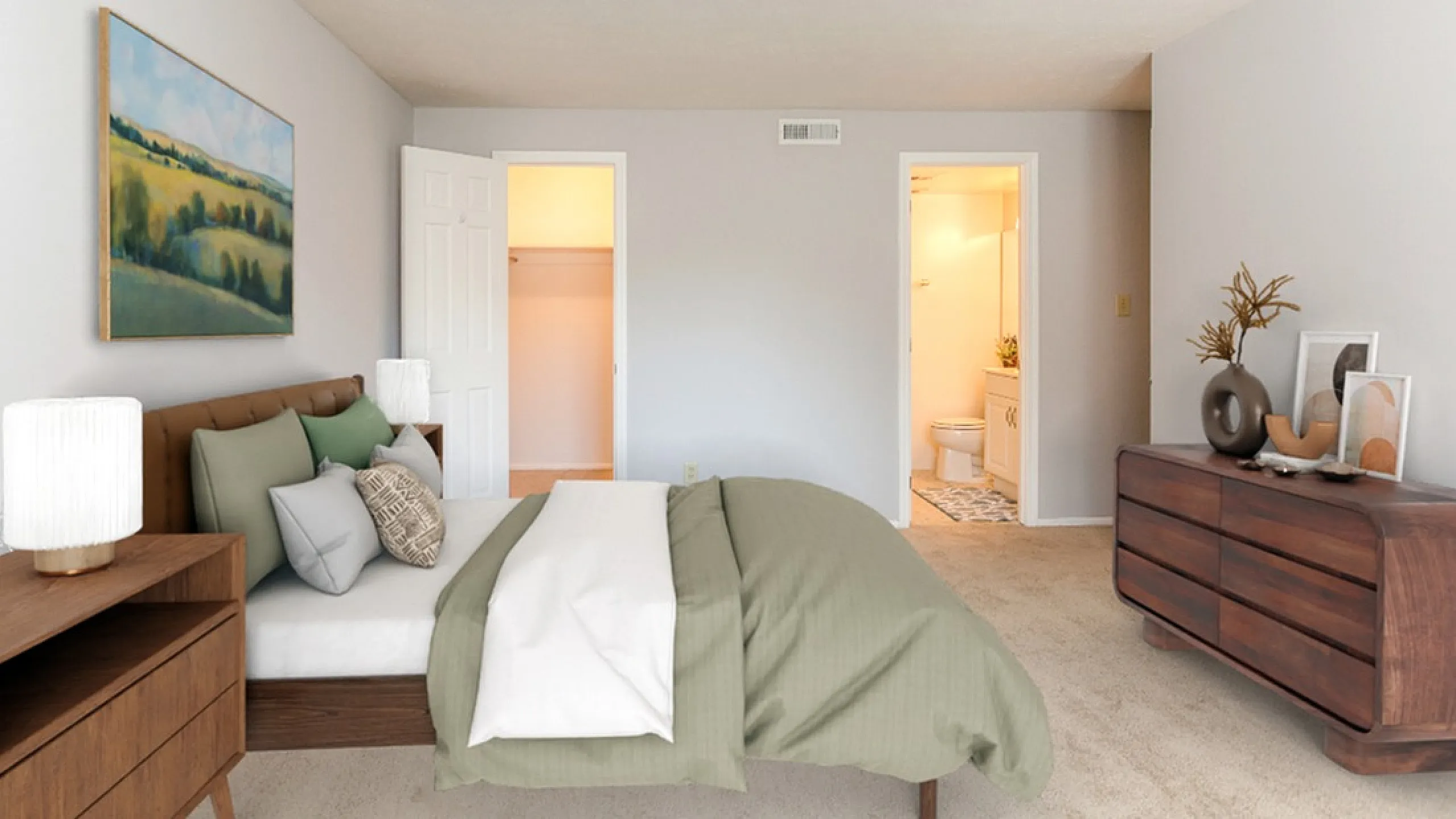 Elegant bedroom with soft tones, featuring a cozy bed, stylish wooden furniture, and an en-suite bathroom.