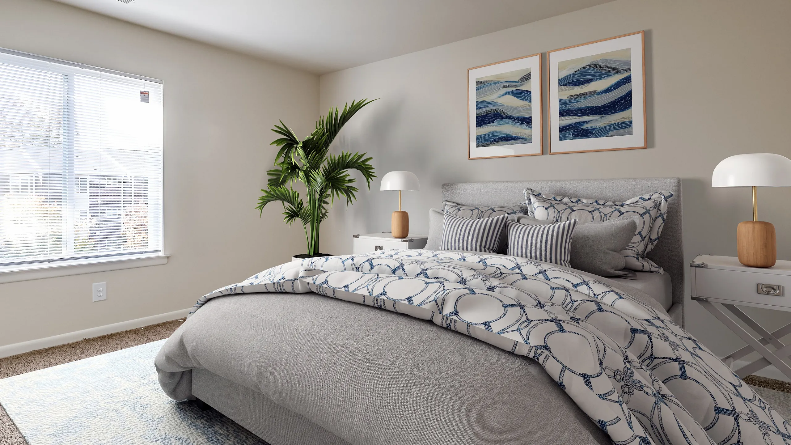 Bright and inviting bedroom with modern decor, featuring a plush bed, stylish art on the wall, and a large window letting in natural light.