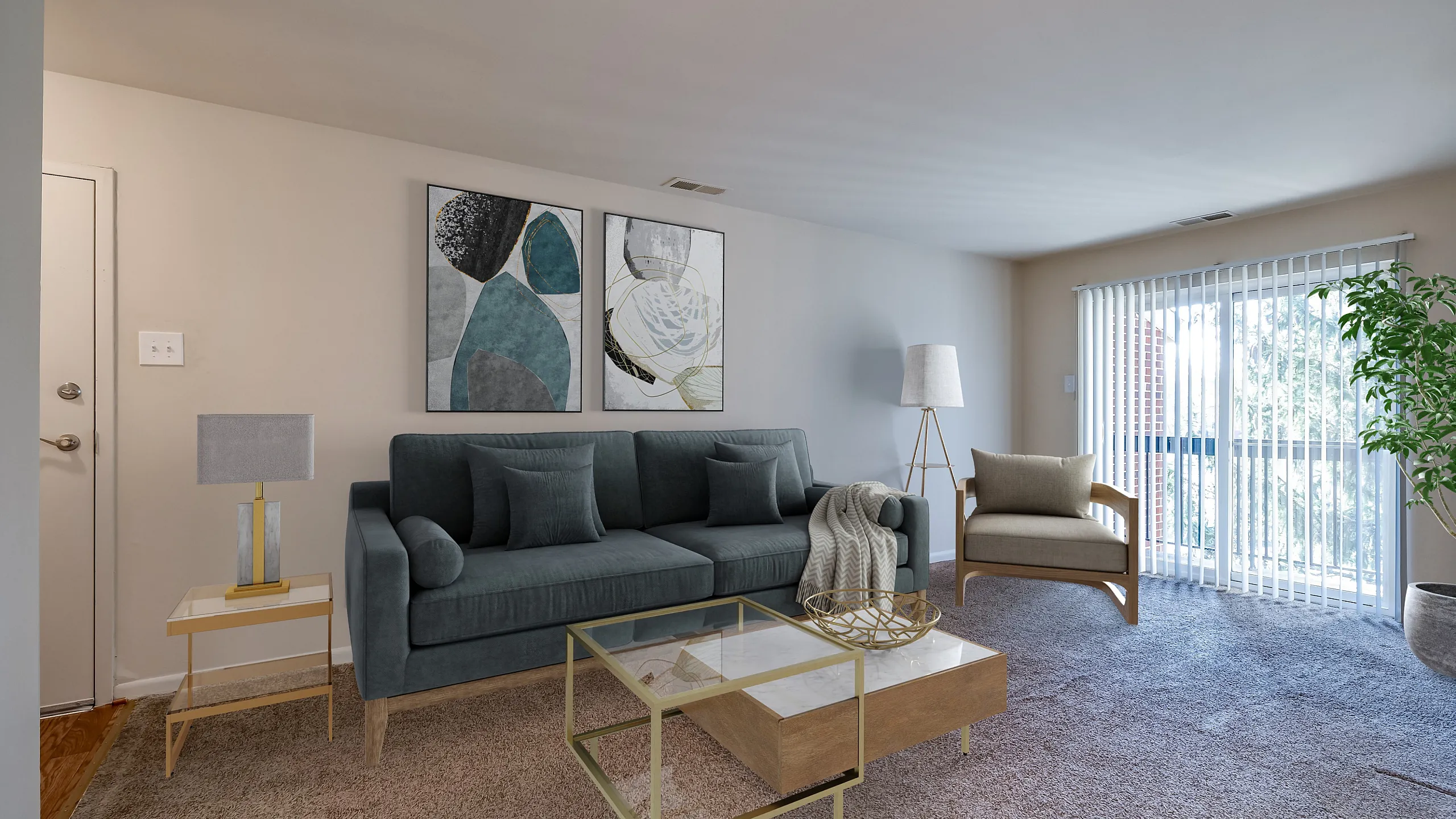 Modern living room with elegant gray couch, chic armchair, and stylish coffee table, accented by large abstract artwork, cozy carpet, and bright natural light from floor-to-ceiling windows.
