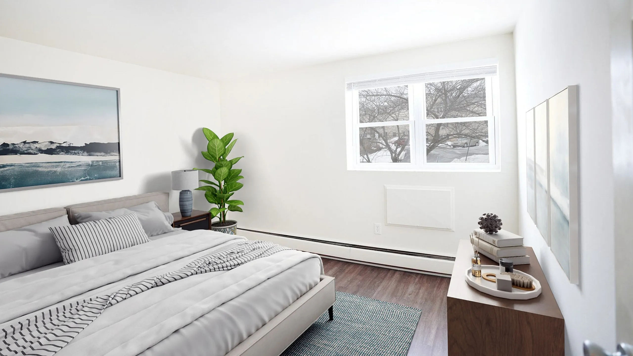Bright and elegant bedroom featuring a cozy bed, stylish artwork, large window with natural light, and modern decor.