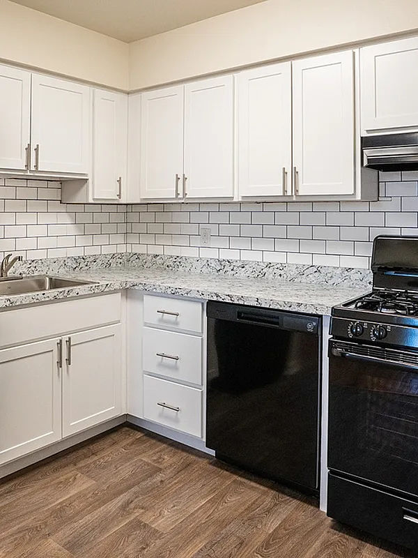 Modern kitchen design with sleek black appliances, white cabinetry, and elegant granite countertops.