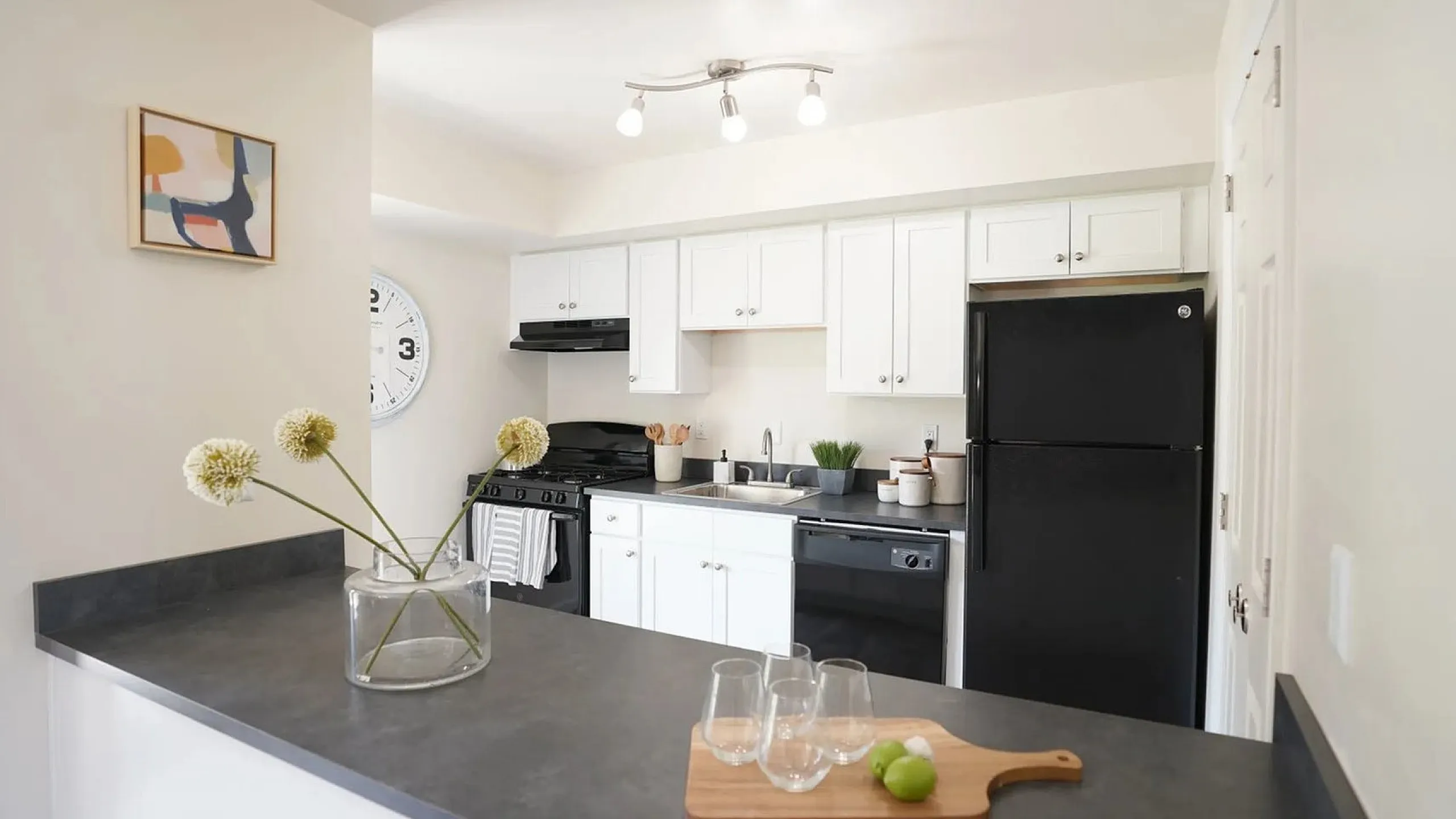 Bright, modern kitchen with sleek black appliances, white cabinetry, and elegant decor for a sophisticated touch.