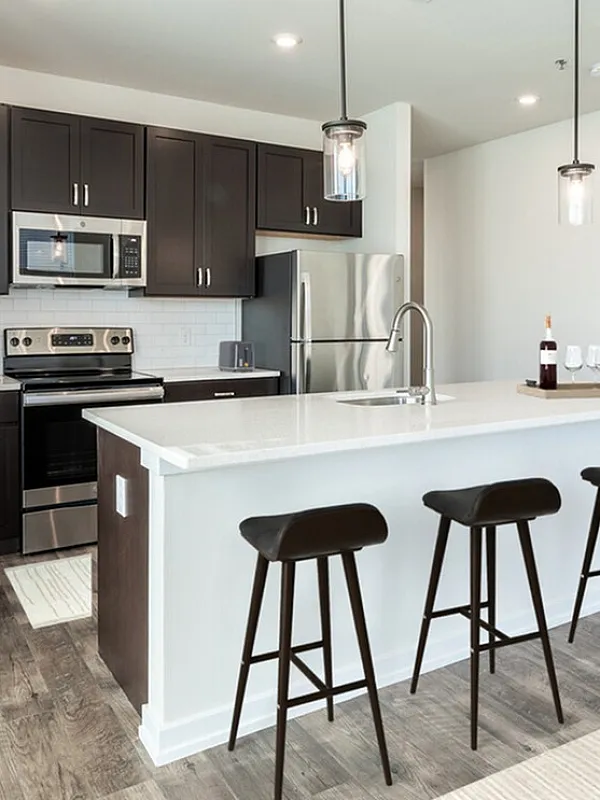 Modern kitchen with sleek dark cabinets, stainless steel appliances, and a white island with stylish barstools, perfect for contemporary living.