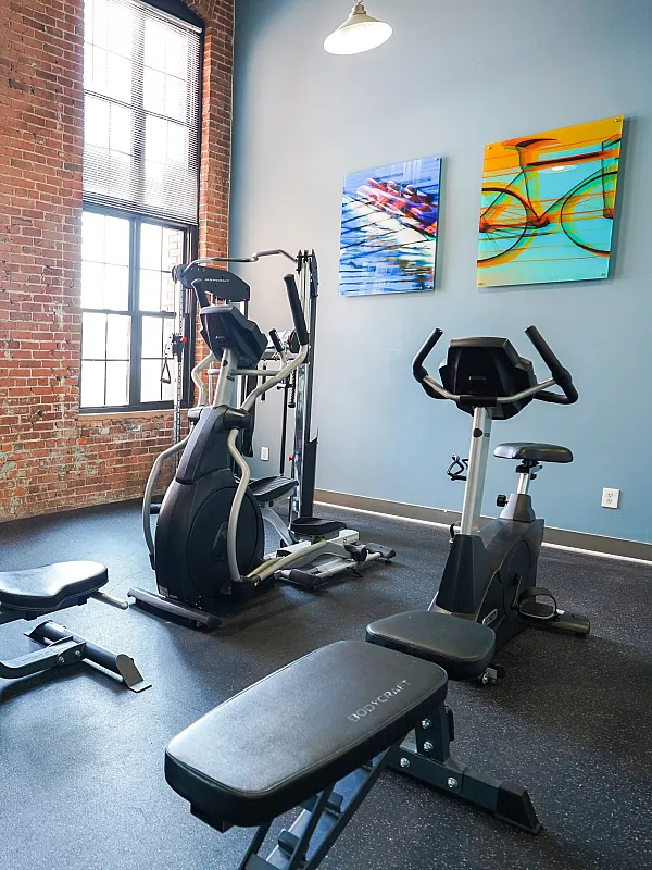 Modern fitness center with exposed brick walls, featuring exercise bikes, weight benches, colorful exercise balls, and vibrant artwork.