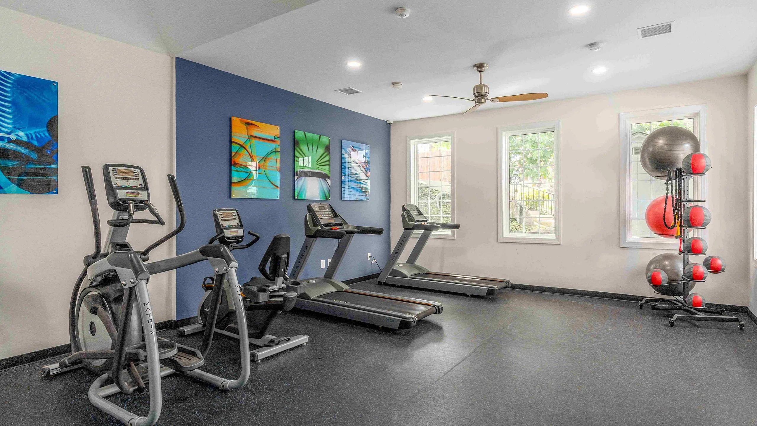 Modern gym room with state-of-the-art exercise machines, vibrant artwork, and large windows for natural light.