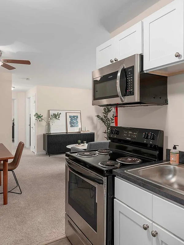 Modern kitchen with sleek appliances, open layout dining area, and cozy living space, offering comfort and convenience.