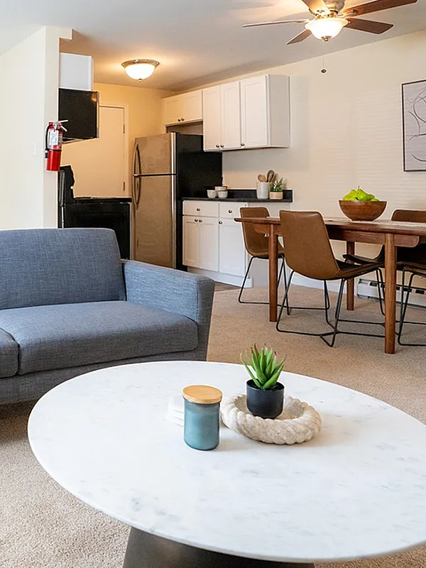 Inviting open-concept apartment with a cozy living area, modern kitchen, and chic dining space, perfect for comfortable living.