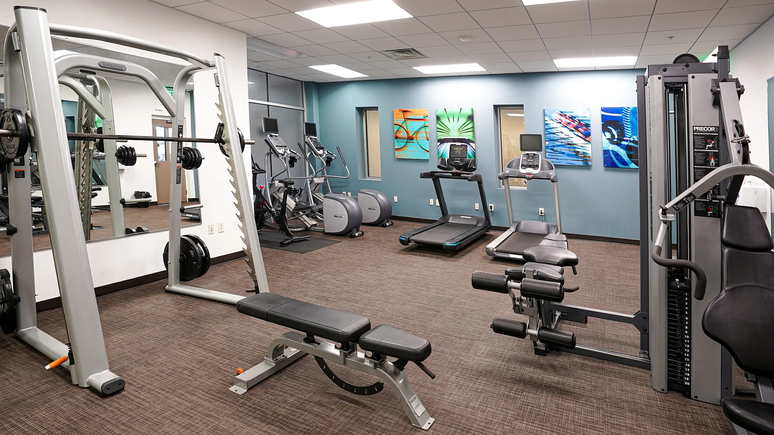 Modern fitness center with state-of-the-art equipment, including treadmills, weightlifting machines, and vibrant wall art.