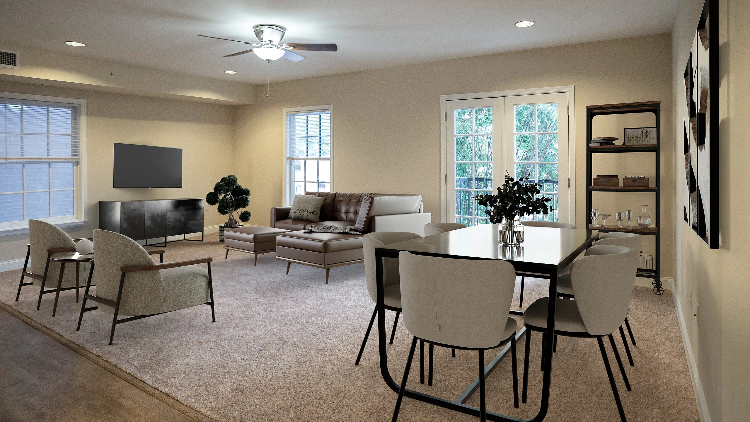 Elegant living room with modern furniture, cozy sofa set, and bright natural light from large windows.