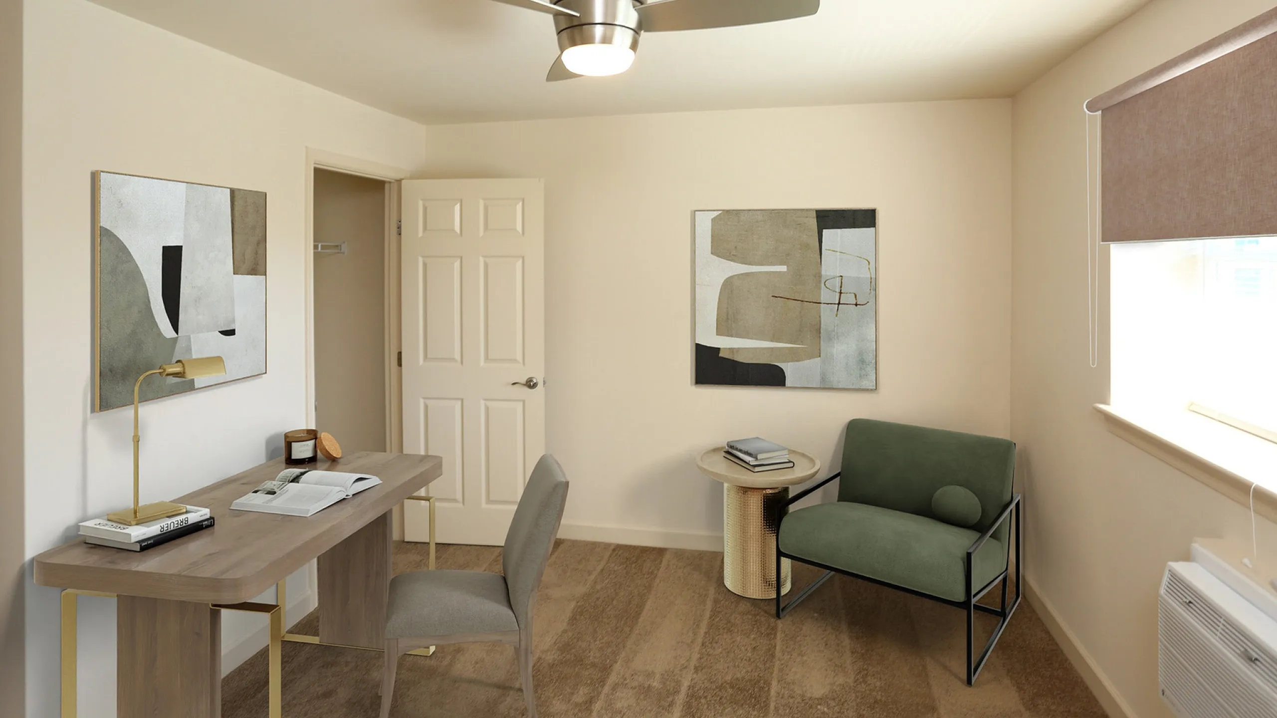 Contemporary home office with sleek metal ceiling fan, modern art decor, wooden desk, and cozy seating area.