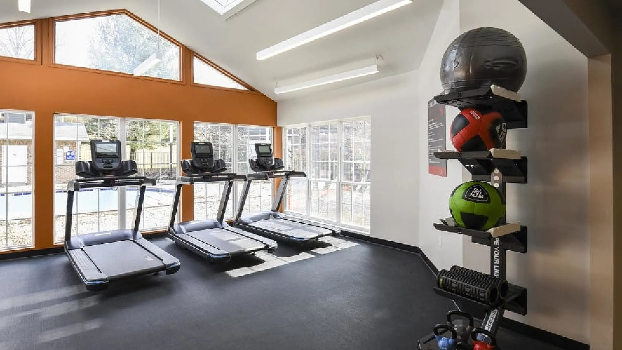 Bright and modern fitness center with state-of-the-art treadmills and vibrant exercise ball rack, filled with natural light.
