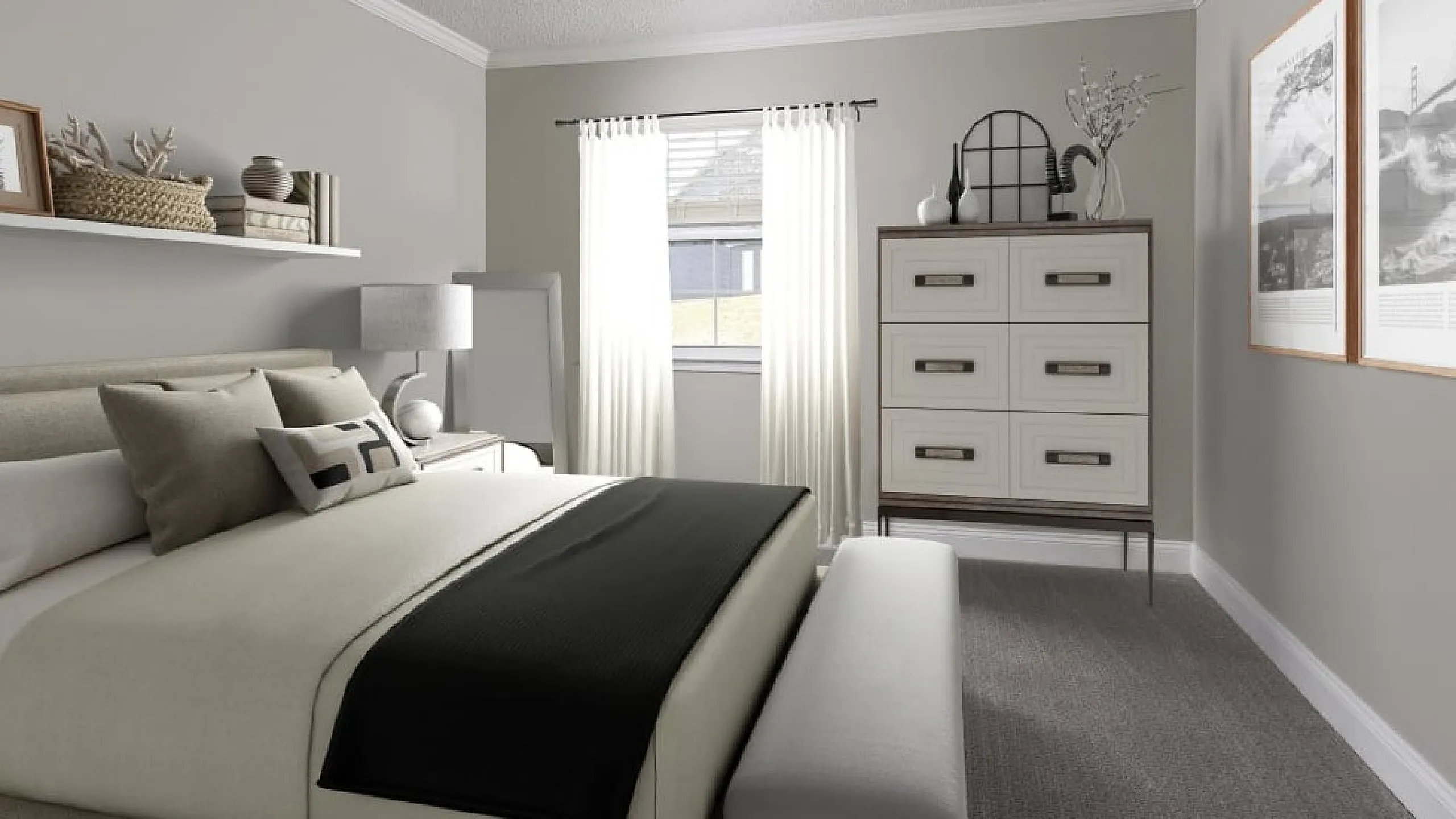 Elegantly designed bedroom with modern d&eacute;cor, featuring a plush bed, stylish dresser, and chic wall art, all under soft natural light.