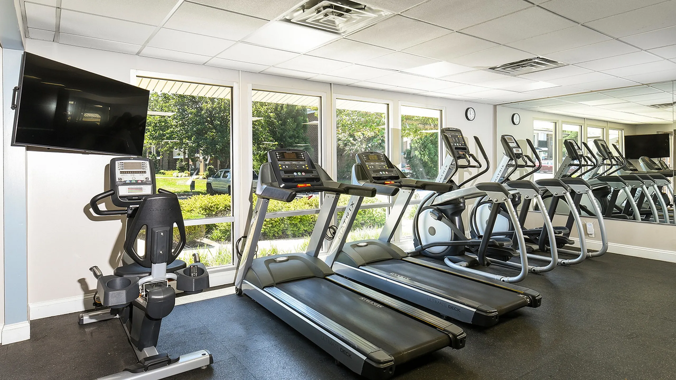 Modern fitness center with state-of-the-art exercise equipment and natural light through large windows.